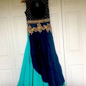 Navy blue/Green gold Indian embroidered party dress